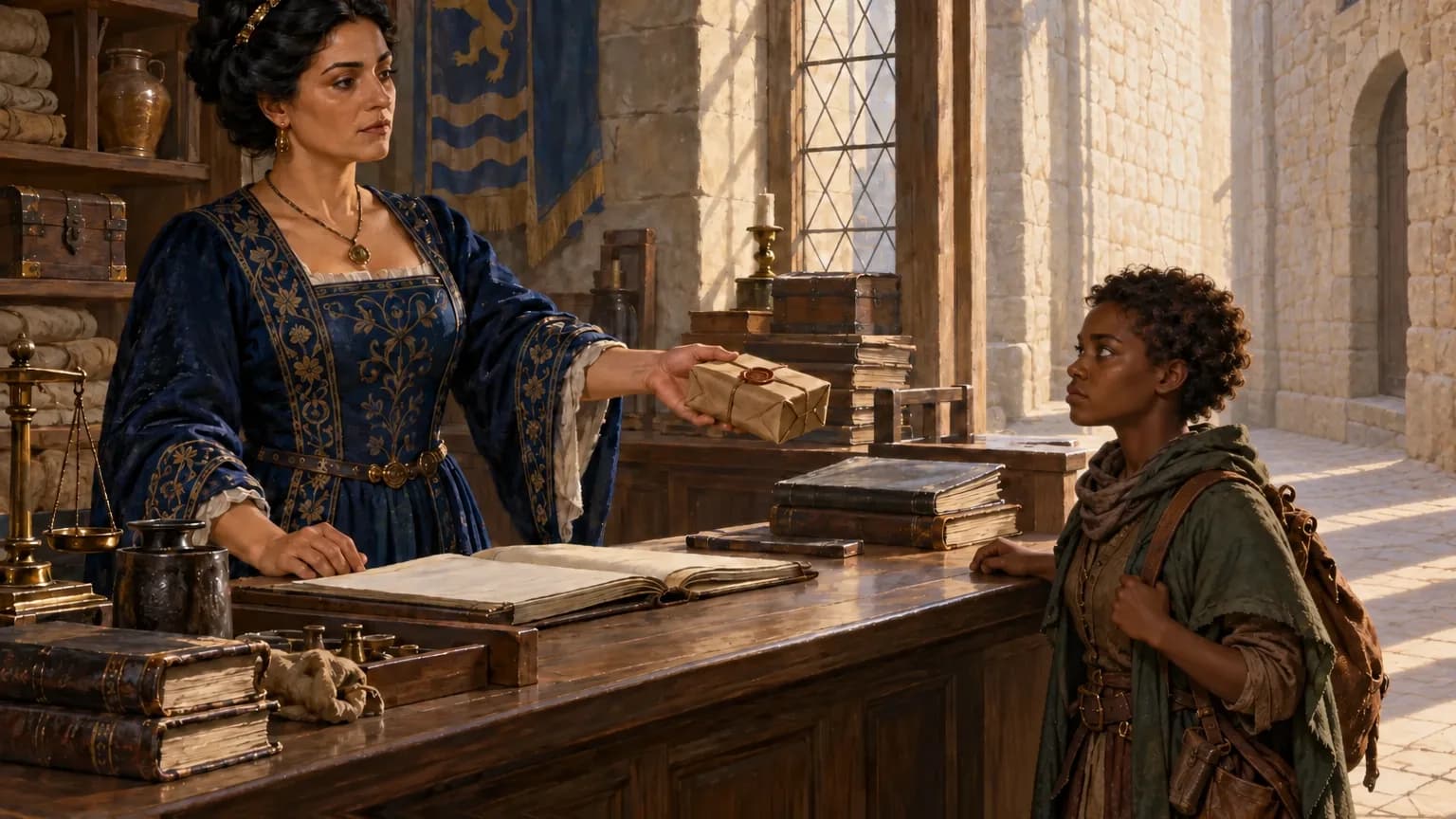In a sunlit counting house, an olive-skinned merchant woman in a blue embroidered gown holds out a sealed parcel to a wary halfling courier with dark brown skin.