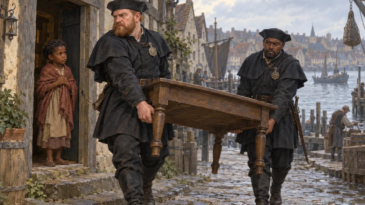 On a grey morning in a river port, two bailiffs, one fair-skinned and one dark-skinned, carry a table out of a narrow house while a small dark-skinned halfling girl in a shawl watches from the doorway.