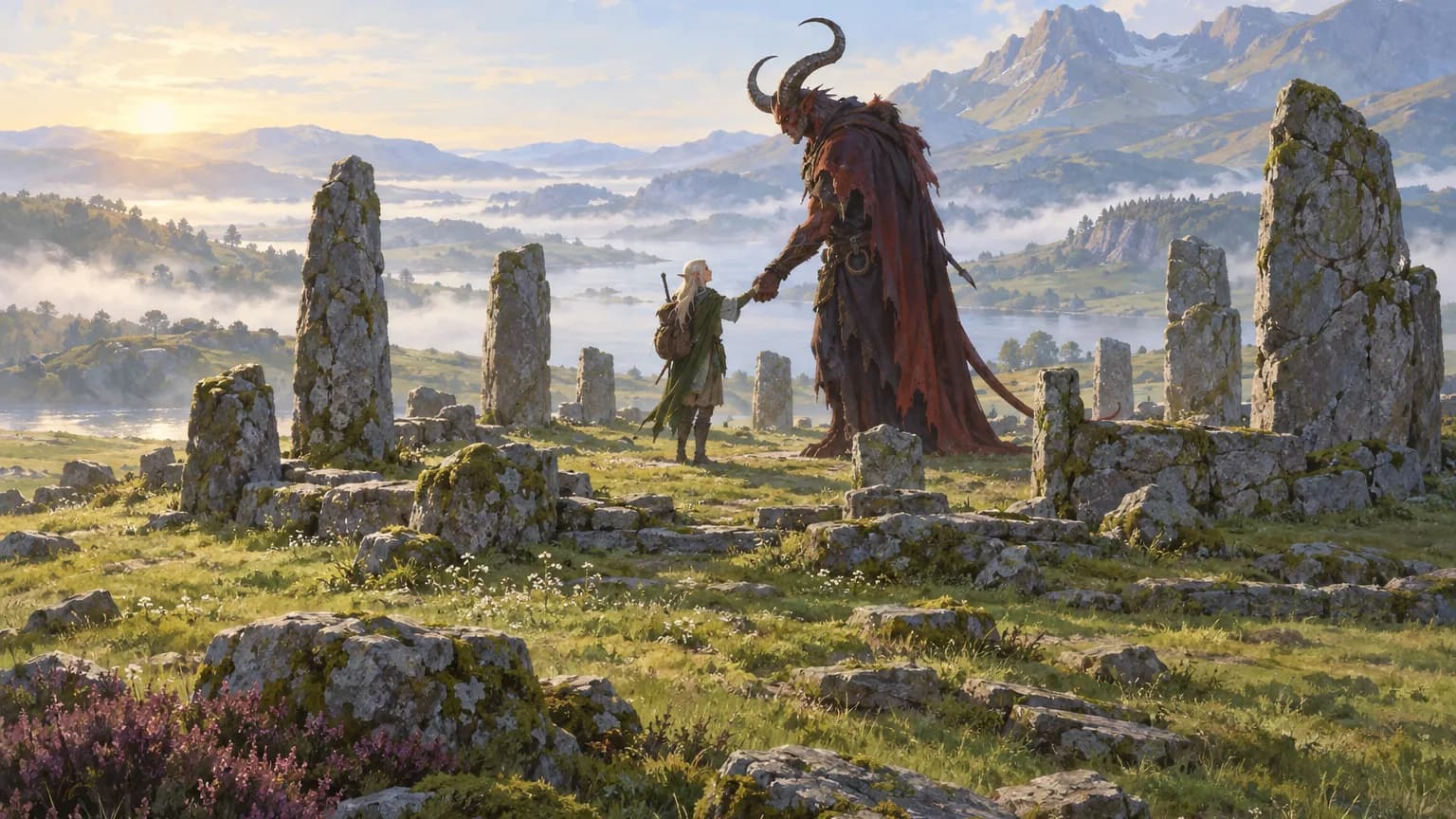 On a sunny, misty moor, a small elf traveler shakes hands with a towering horned fiend inside a ring of standing stones.