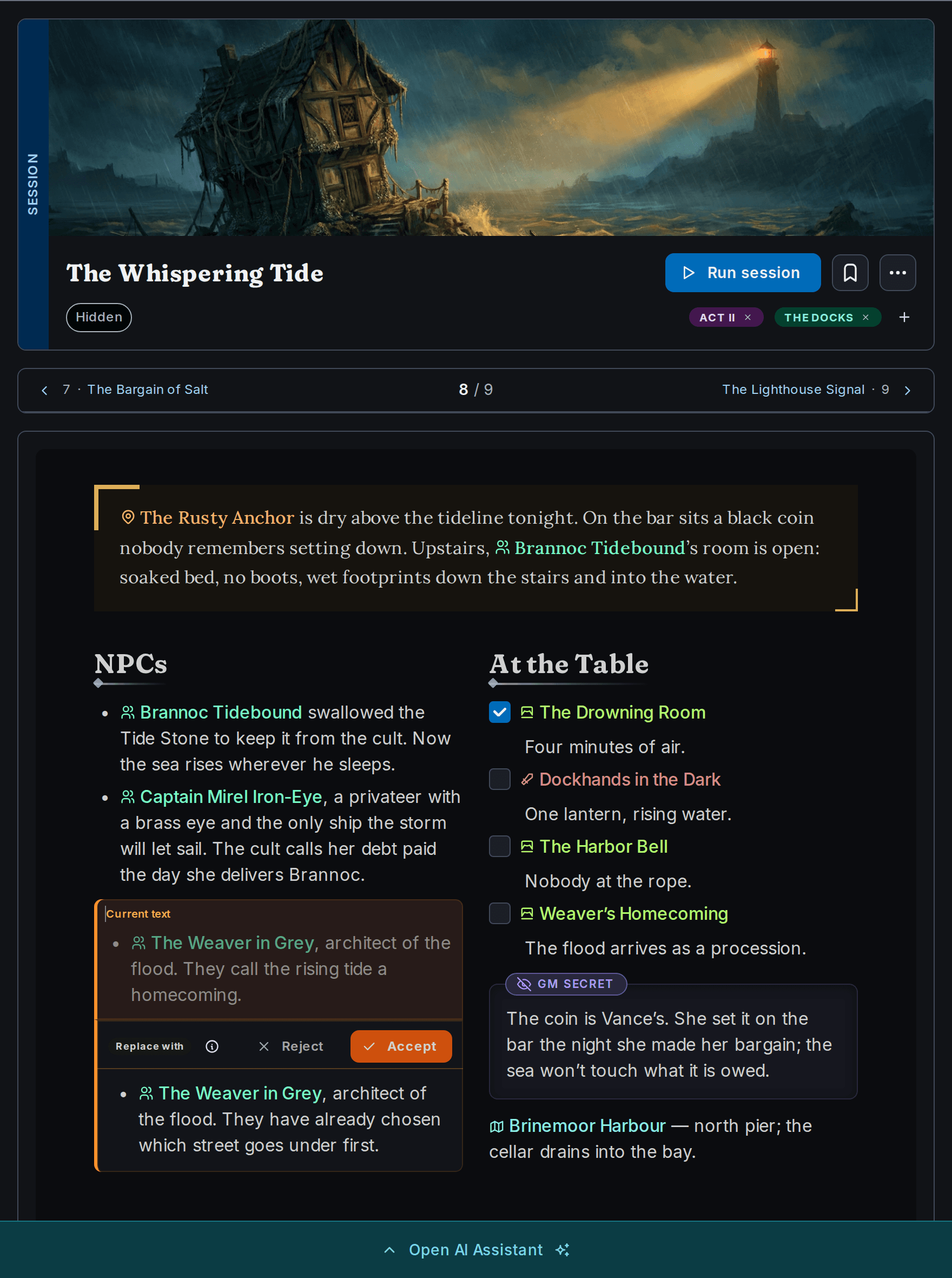 A prepped session in Campaign Arks: cover art, session navigation, a read-aloud opening, NPCs and scenes linked to their documents, a GM secret, and an AI-suggested edit awaiting approval