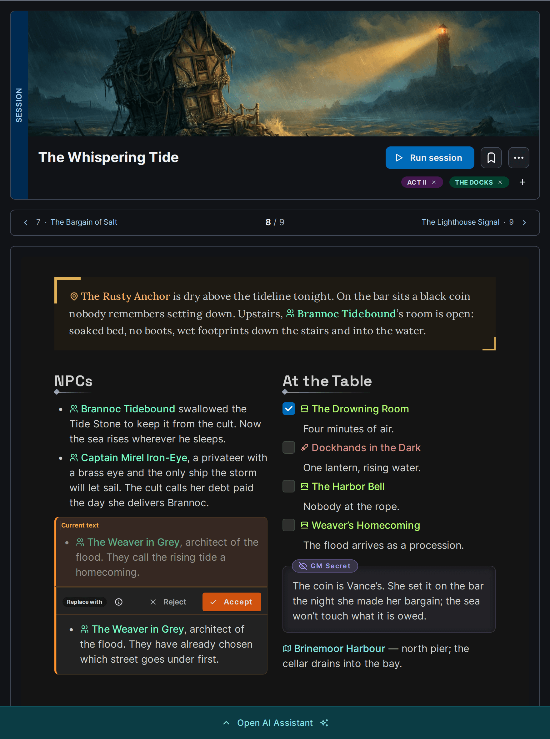 A prepped session in Campaign Arks: cover art, session navigation, a read-aloud opening, NPCs and scenes linked to their documents, a GM secret, and an AI-suggested edit awaiting approval