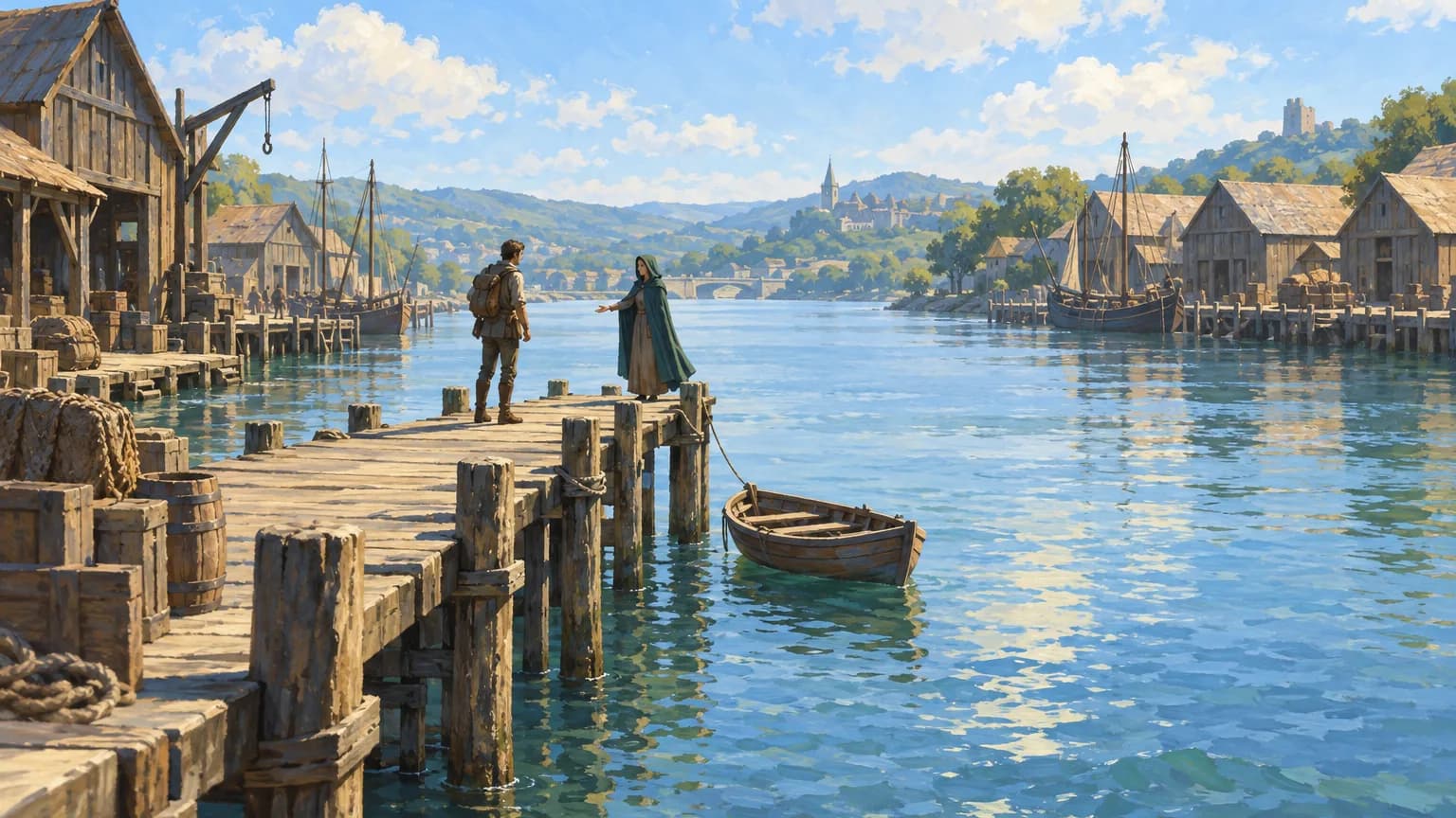 At midday on a bright river, a cloaked woman at the end of a wooden jetty holds out her hand to her brother, with a rowing boat tied up below them.