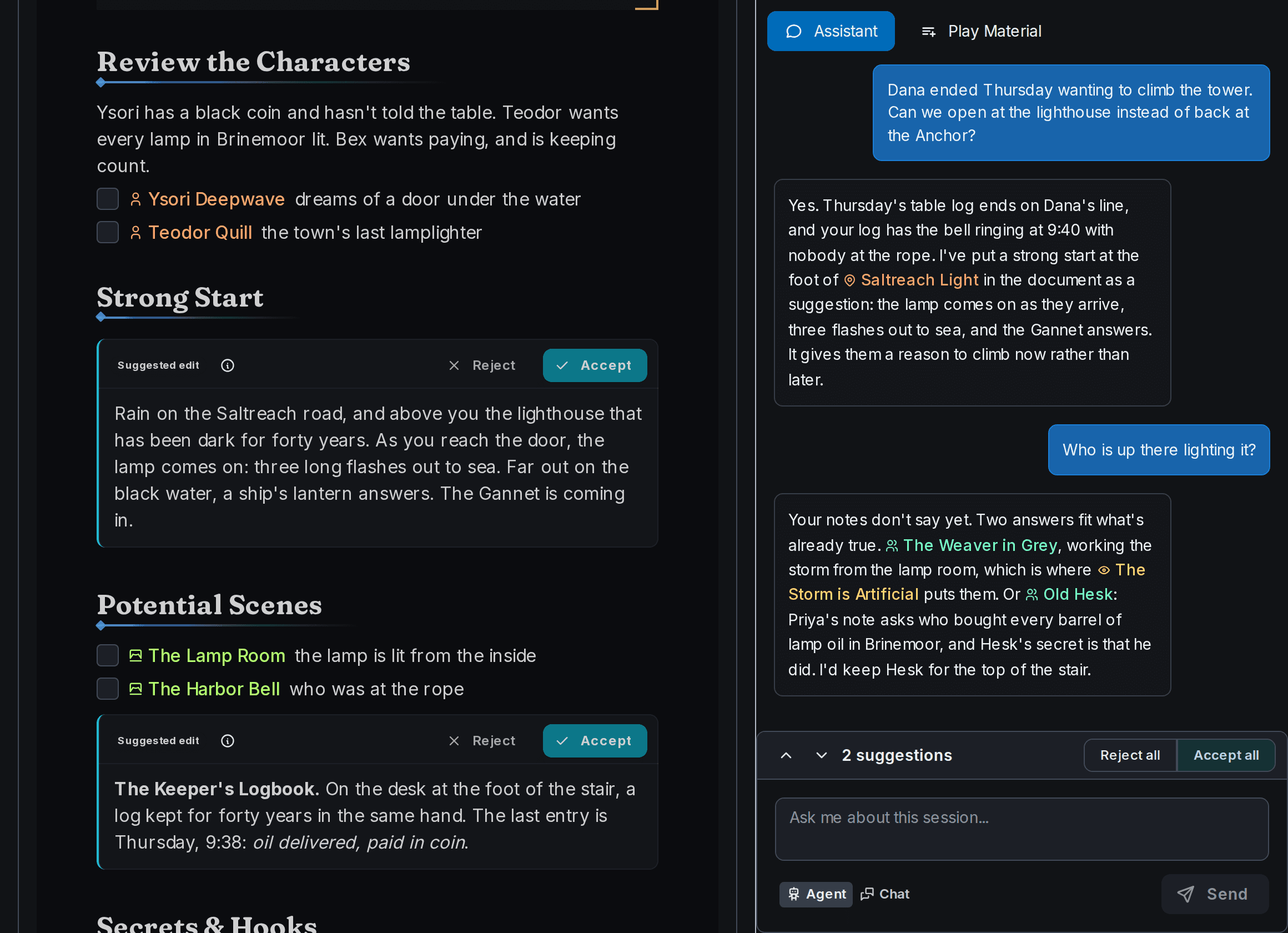 Campaign Arks session editor beside the assistant: a drafted session with the characters to review, two suggested additions waiting for Accept or Reject, scenes linked to their documents, and the conversation that produced them