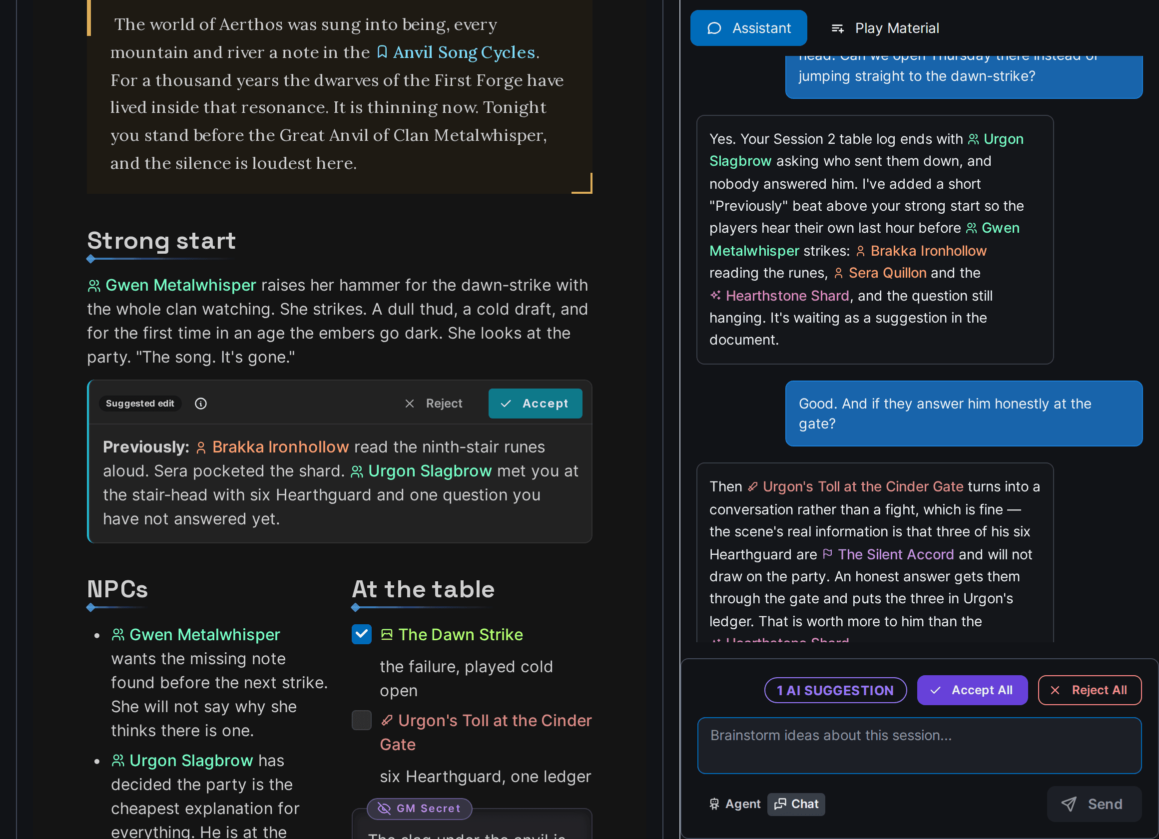 Campaign Arks session editor beside the assistant: a read-aloud opening, a suggested edit waiting for Accept or Reject, NPCs and scenes linked to their documents, and the conversation that produced the suggestion