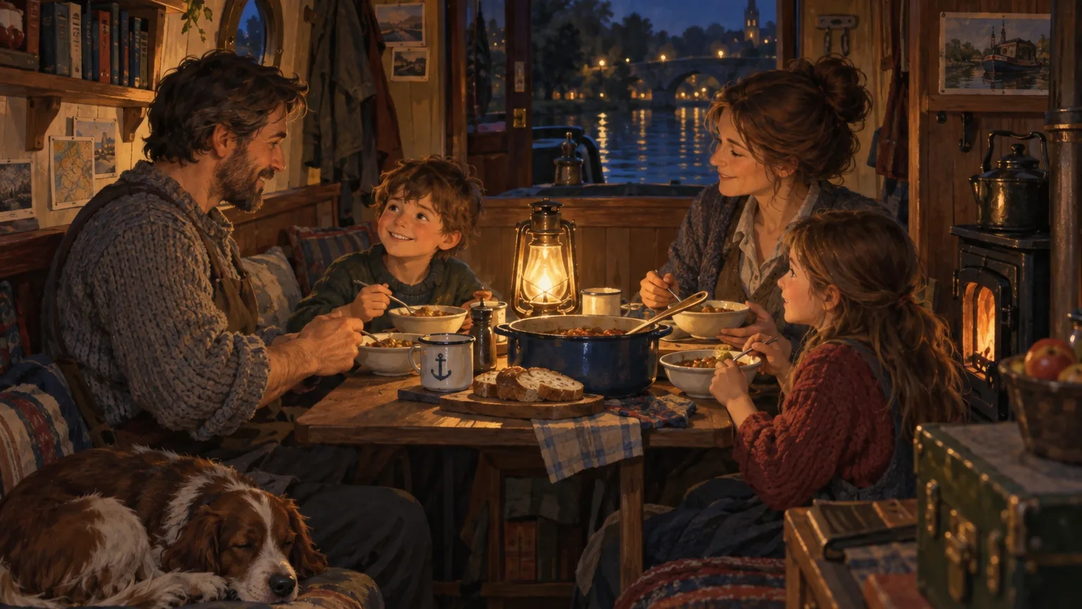 A family of four shares a stew supper by lantern light in a cramped barge cabin at night, a dog asleep on the bench and the lit town visible through the open door.
