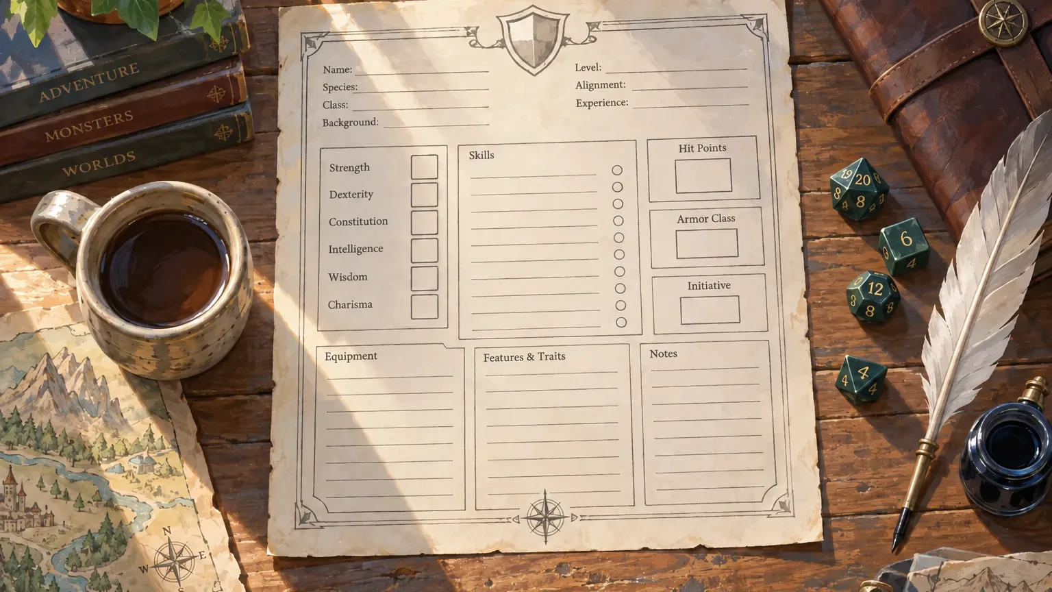 Seen from above, a blank character sheet lies on a worn wooden table beside a quill, an inkwell, dice, a mug of coffee, and a folded map.