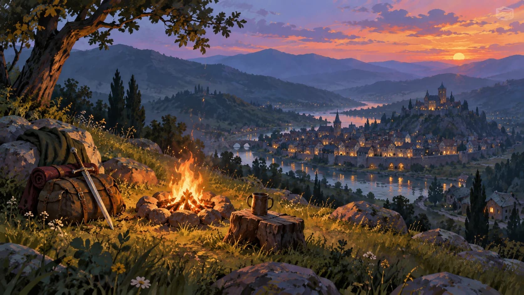 A campfire, backpack, and sword on a hillside overlook a lantern-lit riverside town at sunset.
