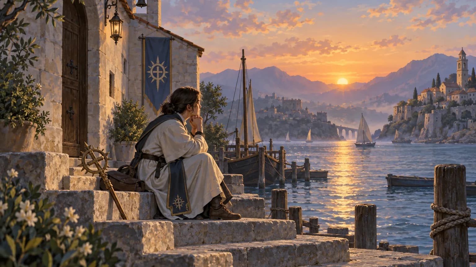 A cleric sits alone on the steps of a dockside chapel at dusk, chin in hand, with a sun-topped staff laid on the step beside them.