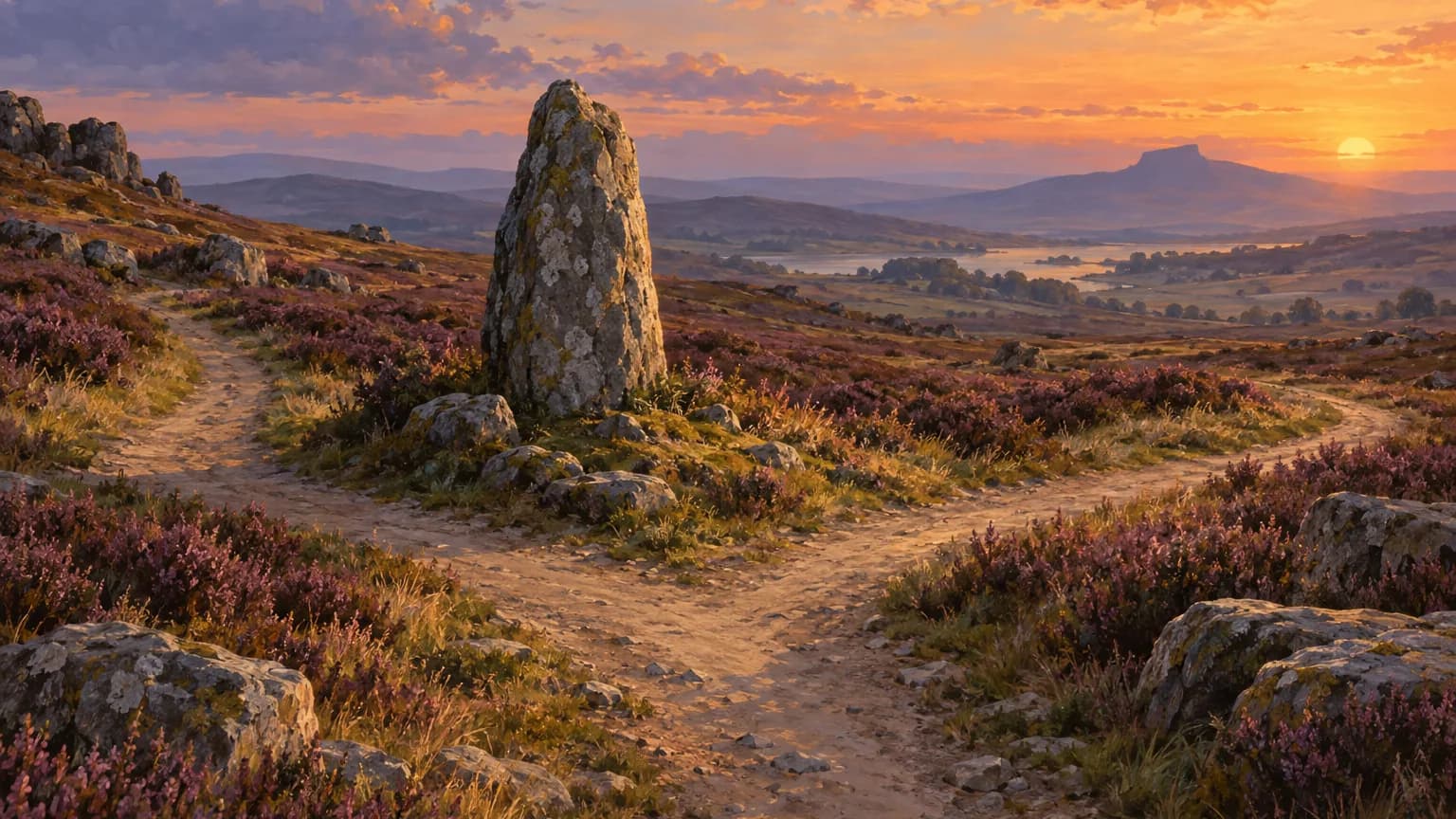 A lone standing stone at a fork in a moorland track, lit by a low sunset over distant hills and water.