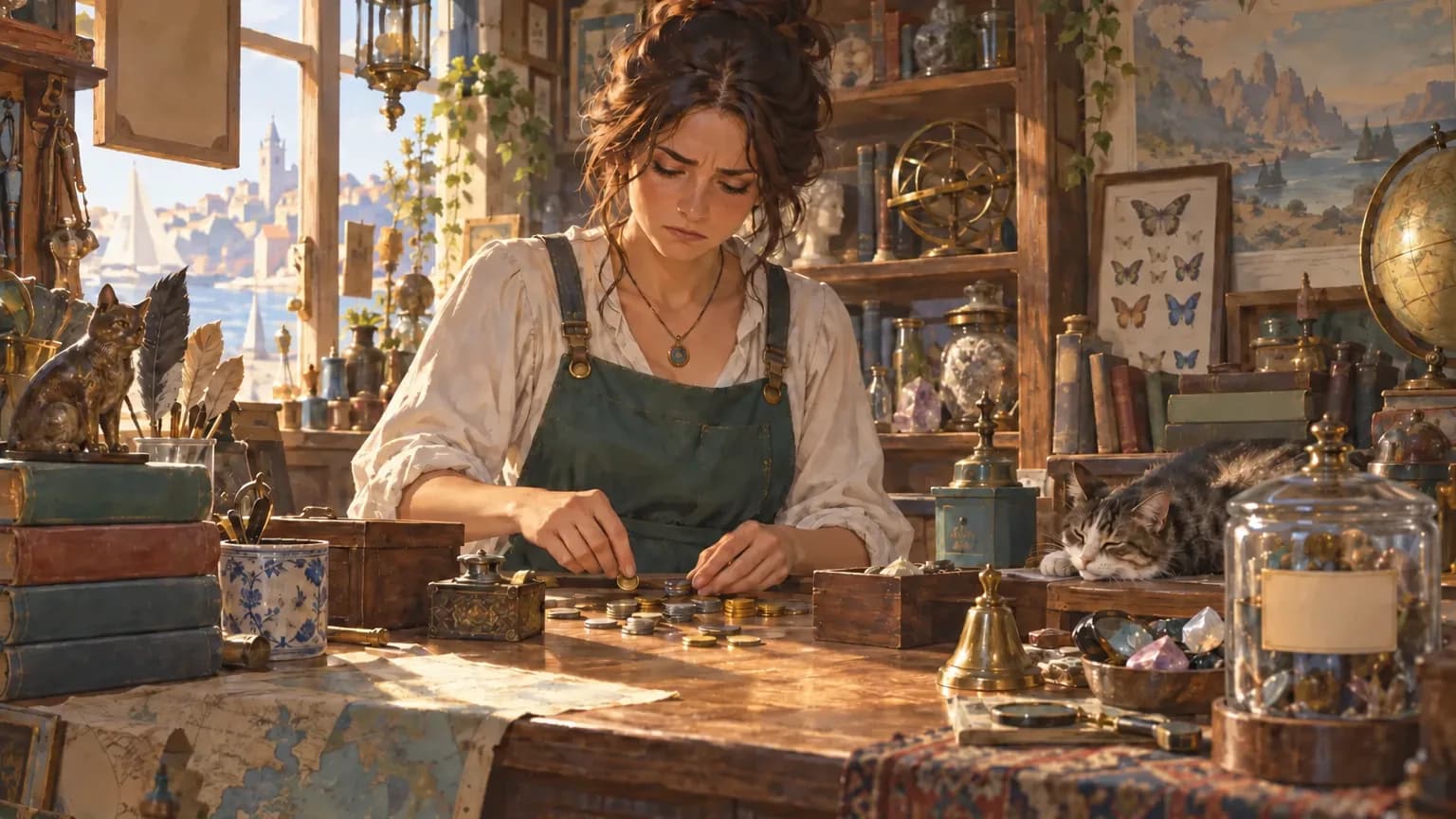 A worried shopkeeper counts a short stack of coins at the counter of a cluttered curio shop, with a cat asleep beside a jar of trinkets.