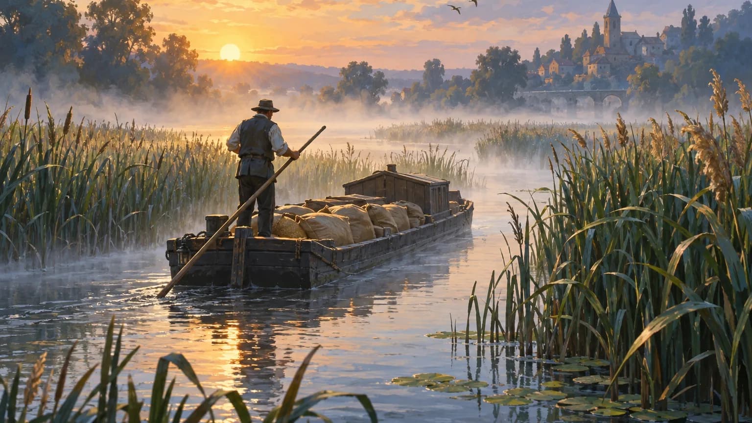 A man in a wide-brimmed hat poles a flat barge loaded with grain sacks through tall reeds at sunrise, with mist on the water and a town on the far bank.