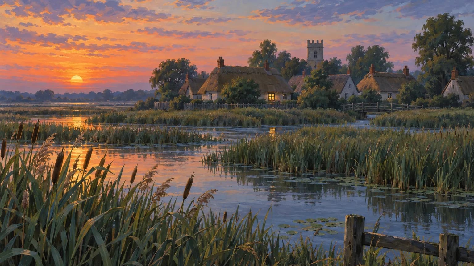 Across a reedy marsh at sunset, thatched cottages and a church tower stand among the trees, with a single window lit.
