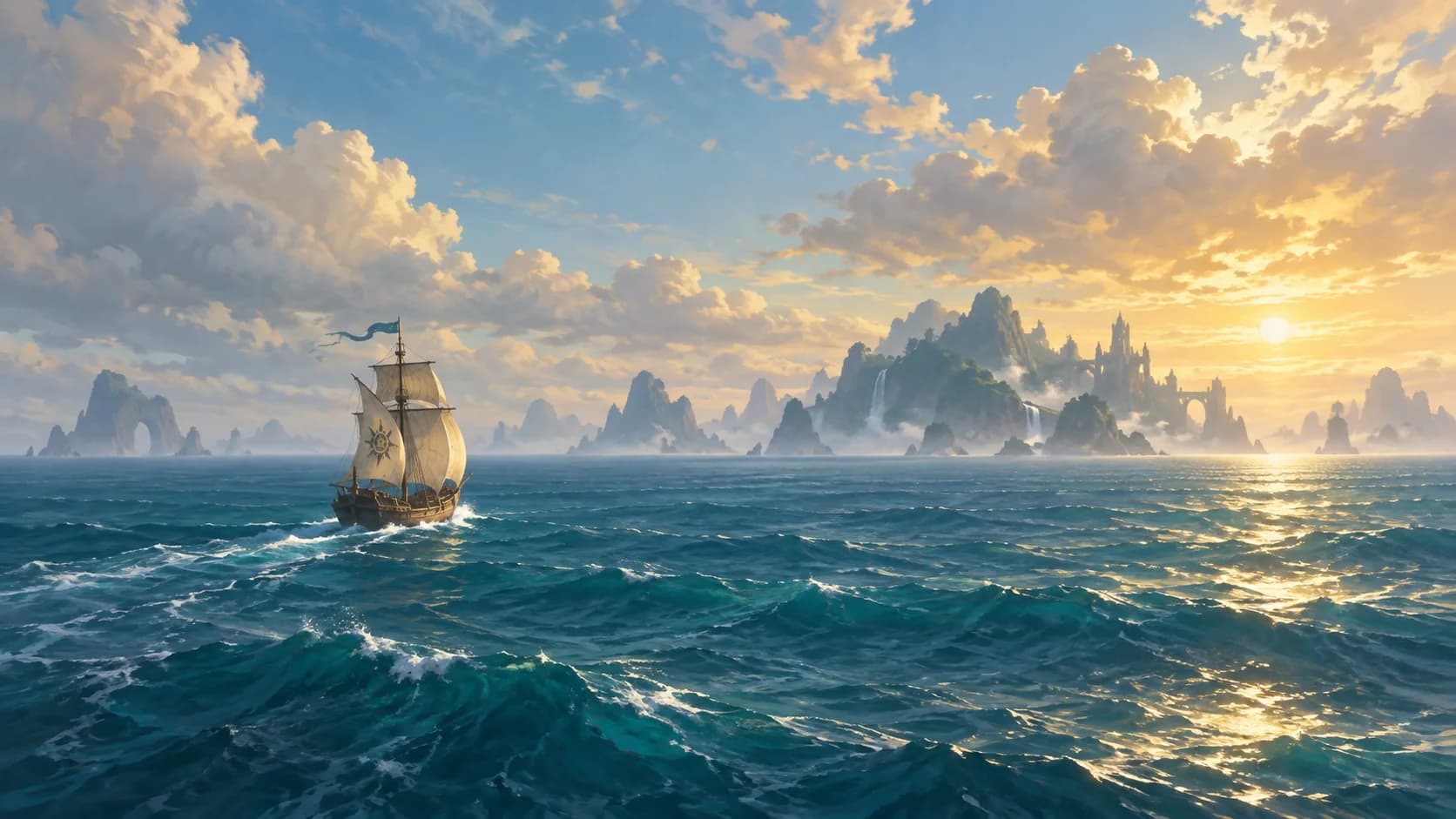 A small sailing ship approaches a mountainous island with waterfalls and a castle at sunrise.