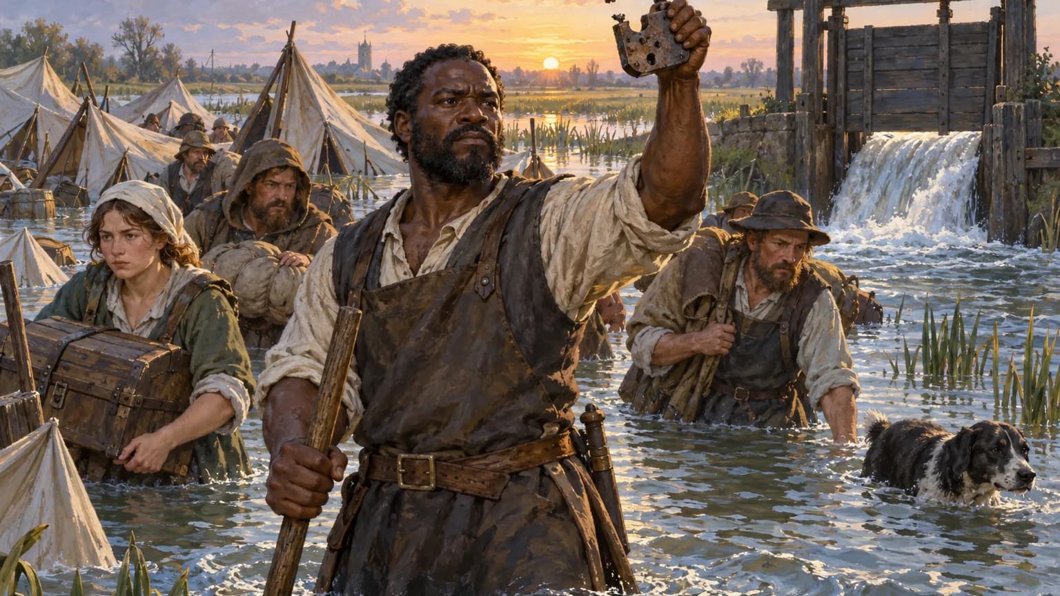 A grim, dark-skinned foreman holds up a smashed padlock at dawn as his crew wade through their flooded camp, the sluice gate forced open behind him.