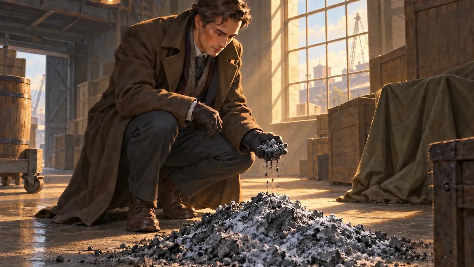 An investigator in a long brown coat crouches on a sunlit warehouse floor, letting frost-white ash run through a gloved hand above the heap.