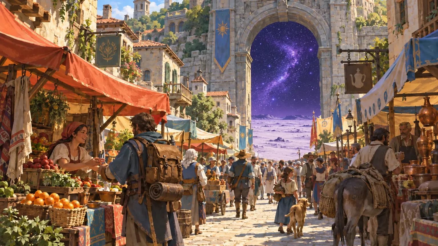 A busy market street at noon leads to a great stone archway that opens onto a starry violet night over a pale plain.