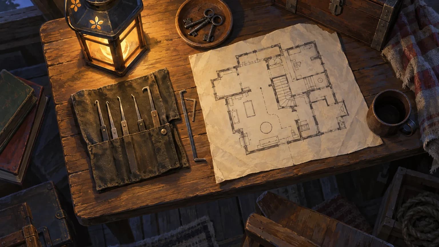 Seen from above, a roll of lockpicks, a lit lantern, a dish of old keys, and a hand-drawn floor plan lie on an attic table at night.