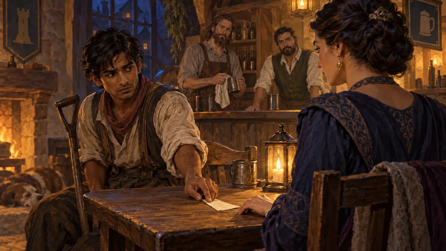 At night in an inn, a wary brown-skinned digger slides a slip of paper to an olive-skinned woman, while two light-skinned innkeepers watch suspiciously from the bar.