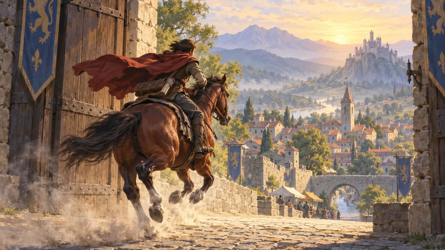 A red-cloaked rider on a galloping horse bursts through a town gate at sunrise, with the town and a distant castle beyond.