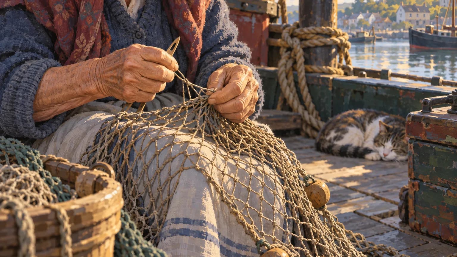 Close up, an old woman's weathered hands mend a fishing net on a barge deck in the afternoon sun while a cat sleeps nearby.