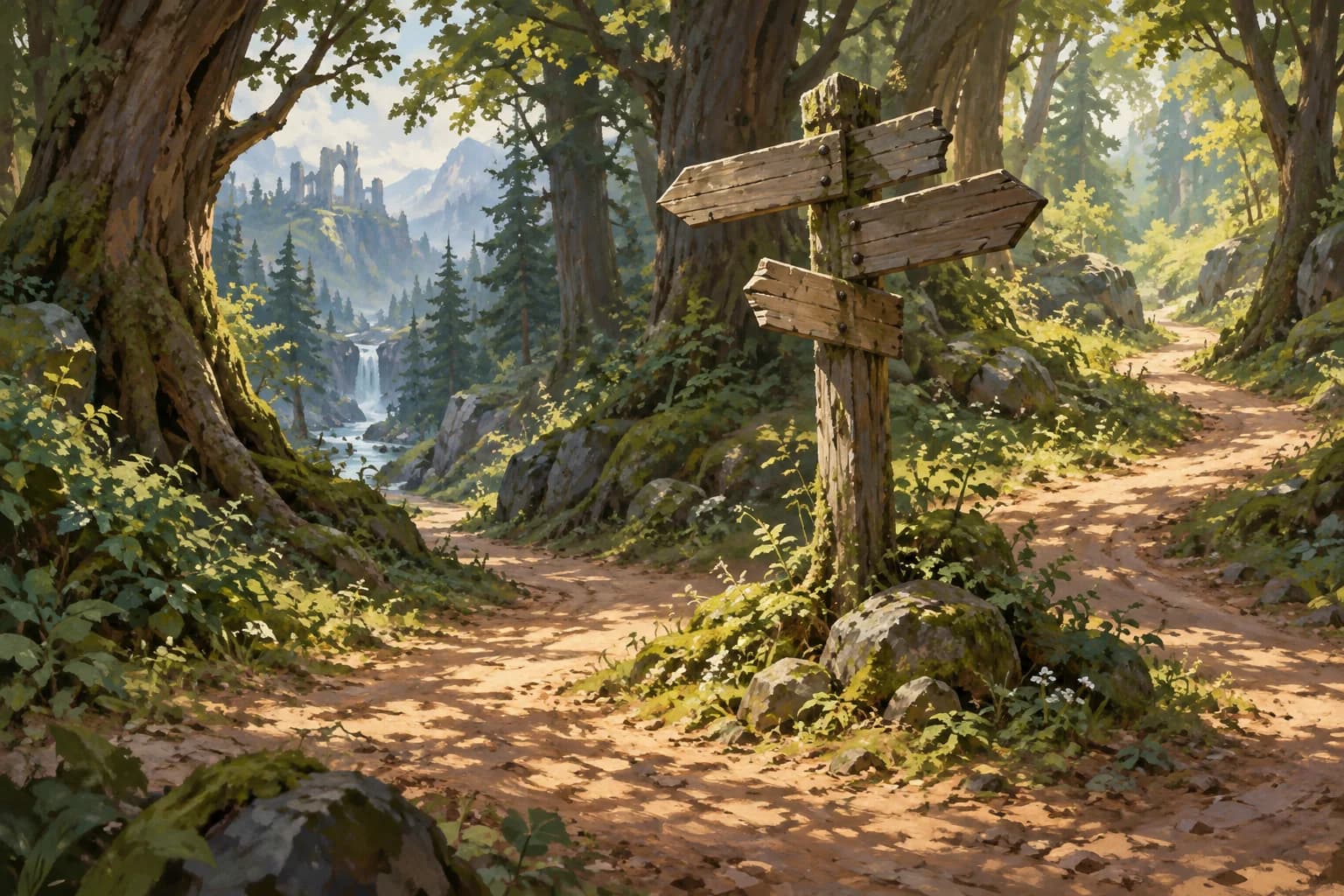 A wooden signpost marks branching forest paths, with ruined towers and a waterfall in the distance.