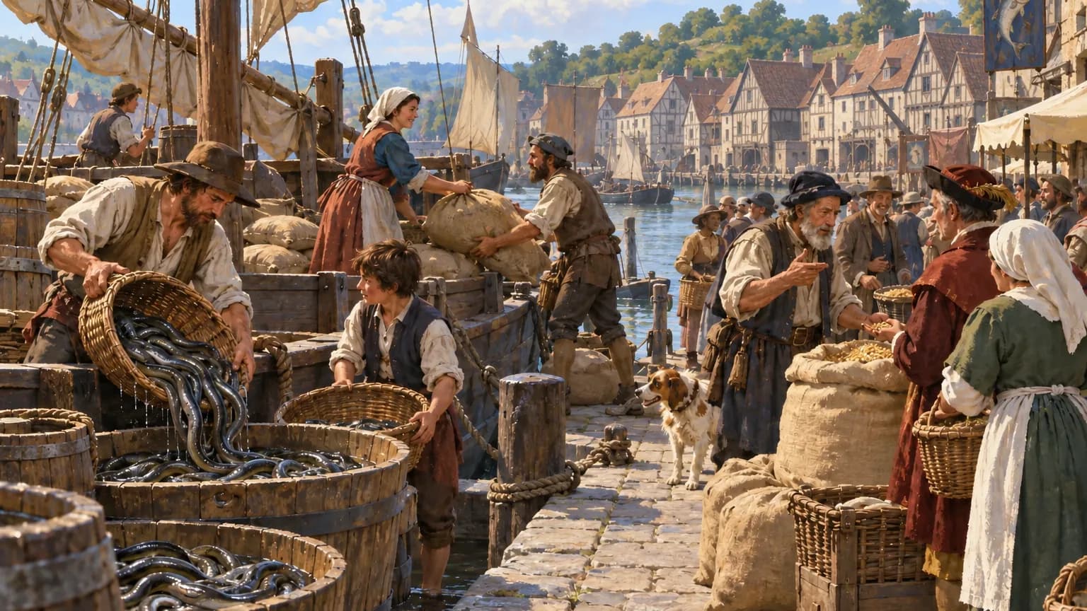 Barge families unload baskets of eels and sacks of grain onto a busy stone quay at noon while townsfolk haggle over the grain.