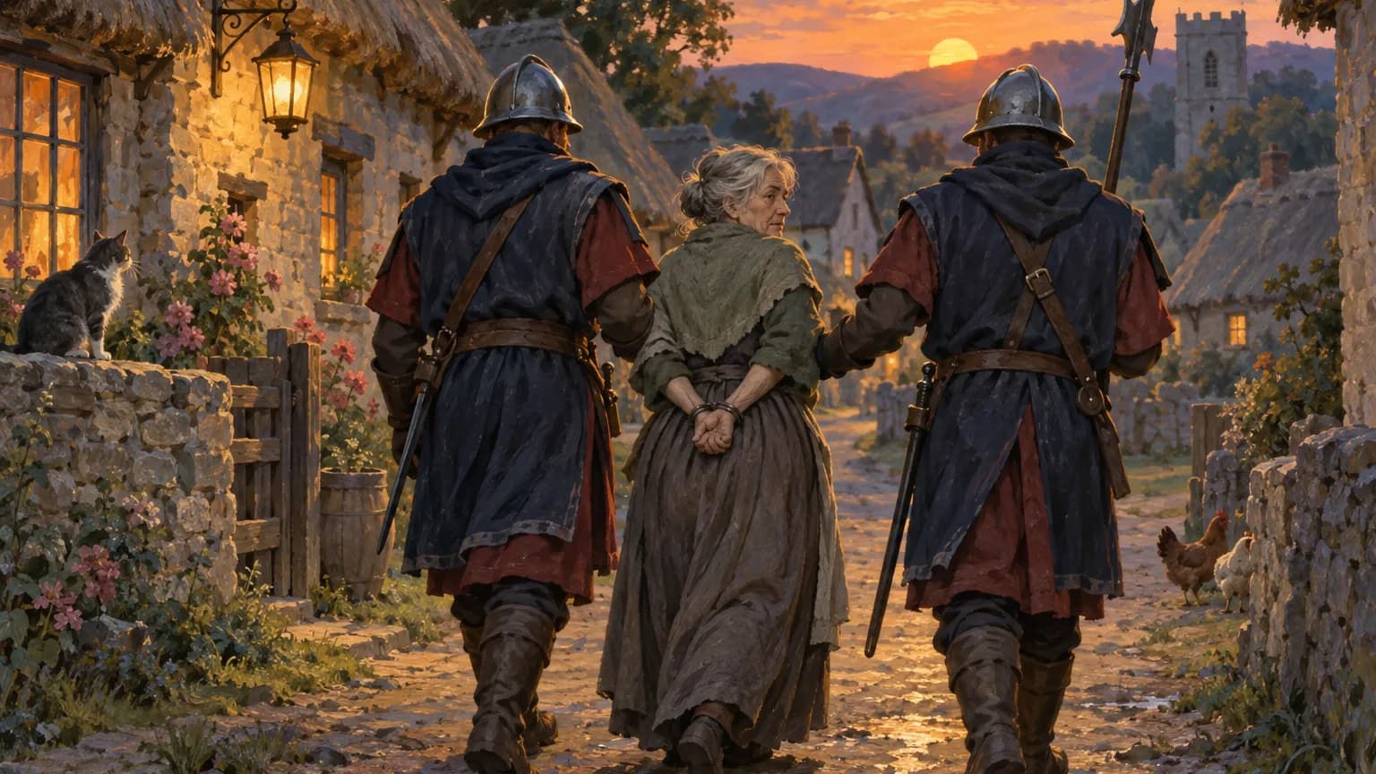 At sunset, two helmeted guards walk a grey-haired, fair-skinned woman with bound hands down a village lane, and she looks back over her shoulder.