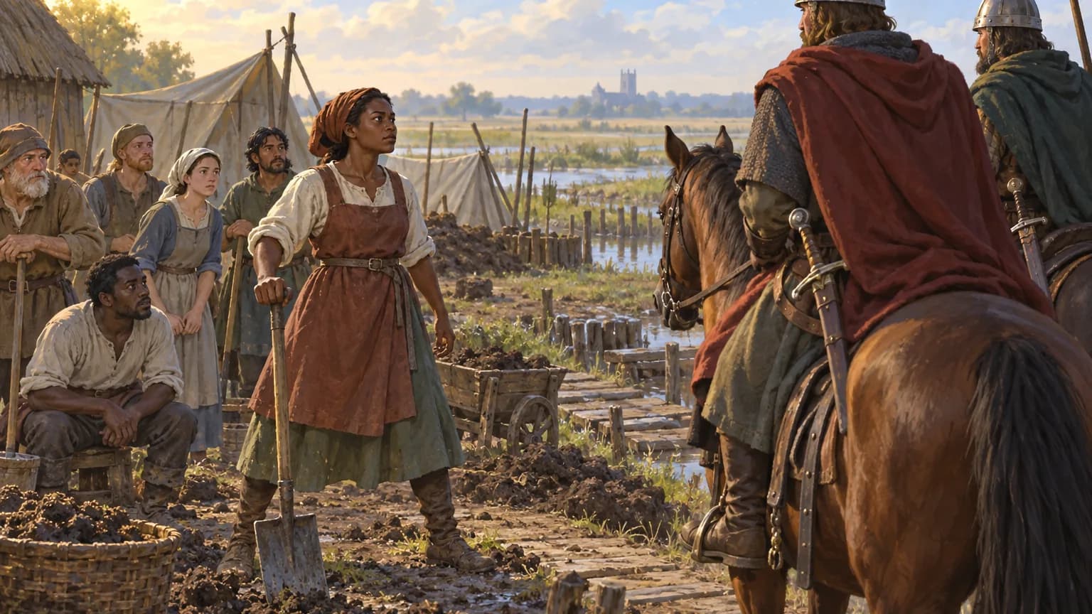 At a fenland work camp, a dark-skinned woman plants her spade and faces two armed riders, while her crew watches warily behind her.