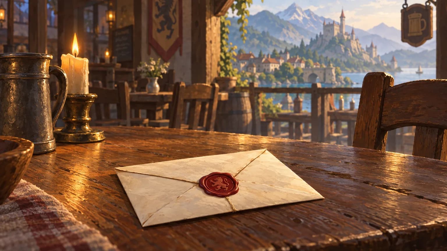 A sealed letter with a red wax crest rests on a tavern table beside a candle, with a lakeside castle town in the window behind.