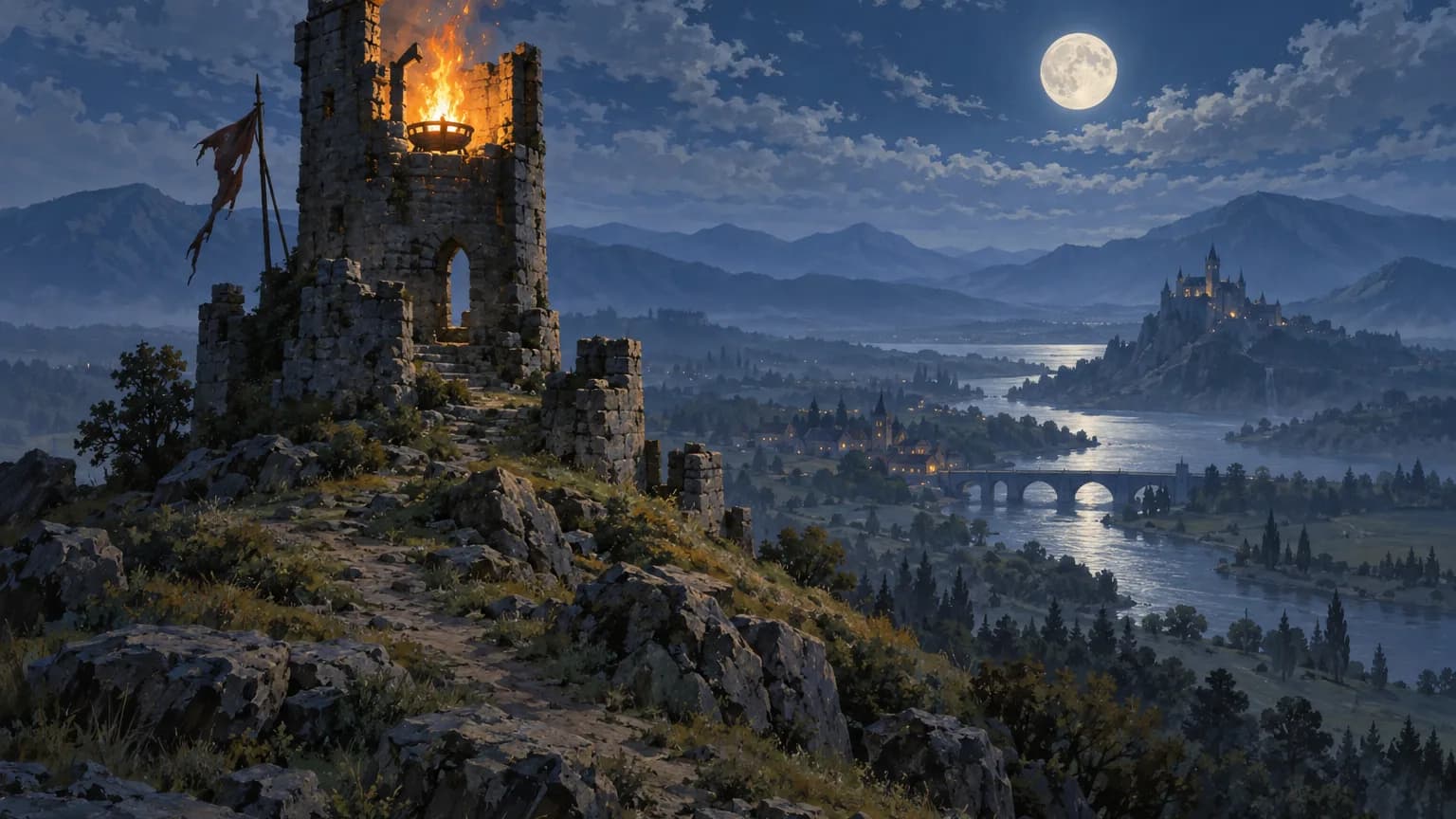 A signal fire burns atop a ruined hilltop tower under a full moon, with a river valley and town lights below.