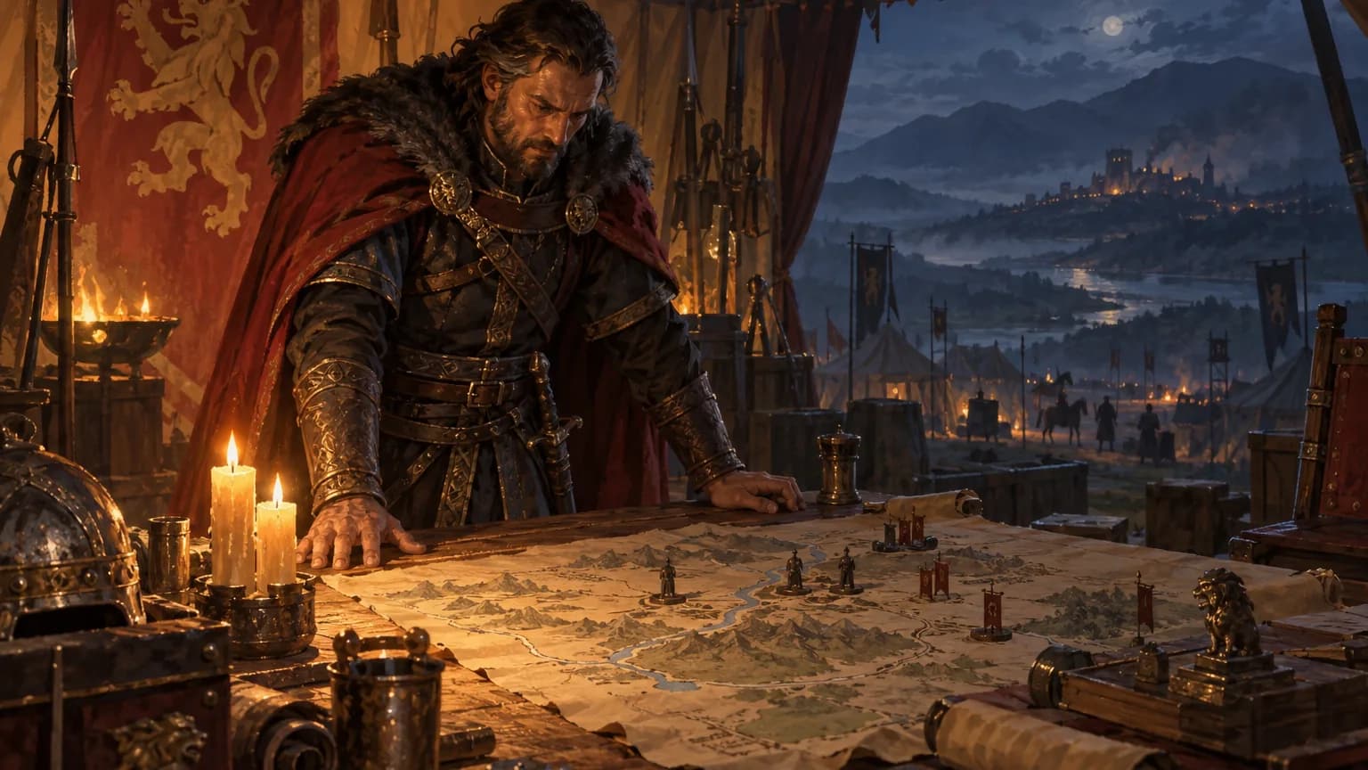 A warlord in a fur-collared cloak leans over a map table in a candlelit war tent at night, with campfires and a distant town beyond the open flap.