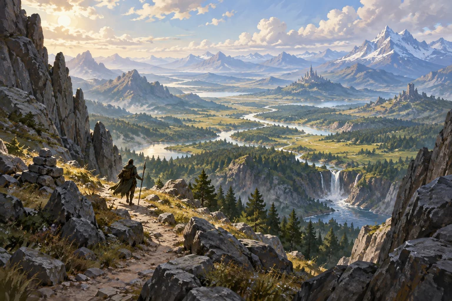A lone adventurer looks out over a valley of rivers, forests, distant castles, and snow-capped mountains.